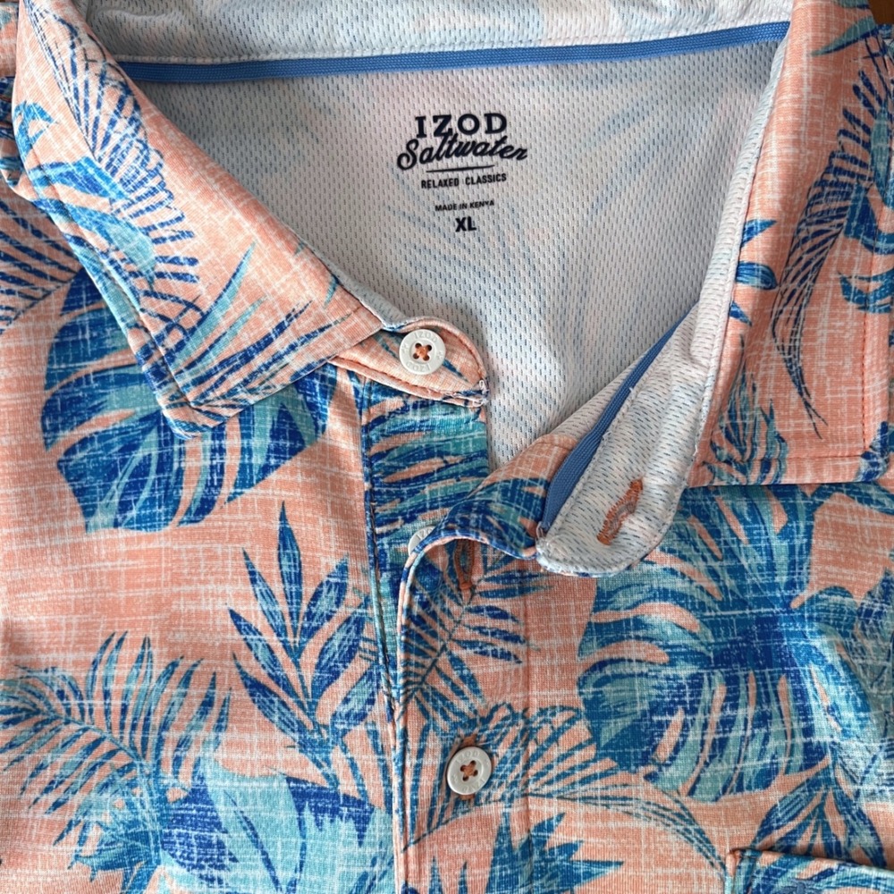 IZOD Saltwater Polo Shirt XL Mens Tropical Palm Leaf Peach Blue Casual Beach